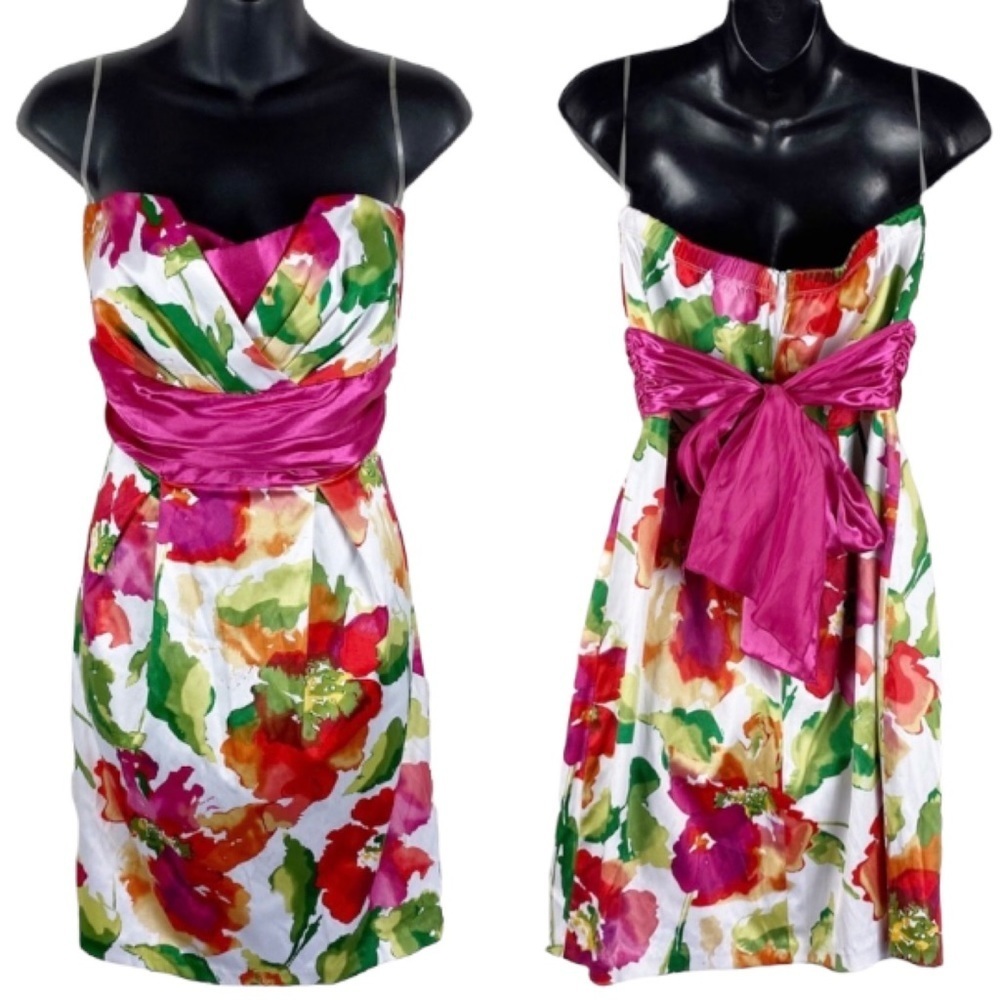 TRIXXI 90's Y2K Strapless Satin Watercolor Floral Mini Dress 11 sweetheart